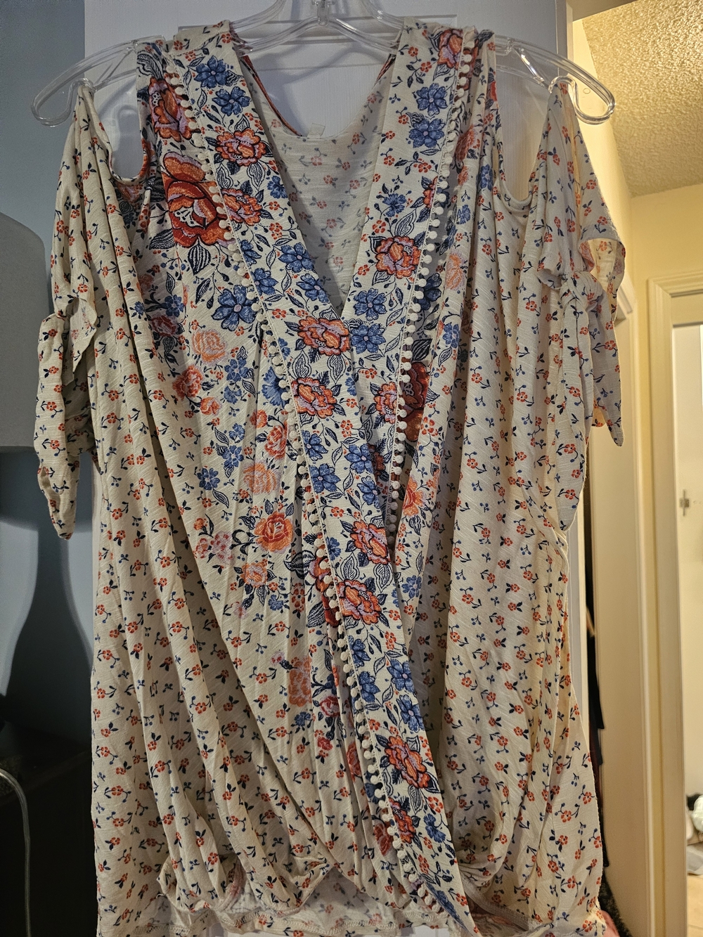 4/$25 Maurices Cream Cold-Shoulder V-Neck Top with Blue & Coral Floral